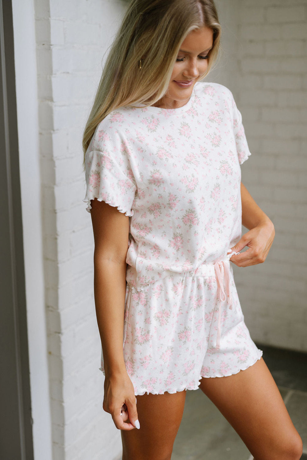 KaleaBoutique Stylish Floral Lettuce Trim Tee and Shorts Ribbed Lounge Set - KaleaBoutique.com