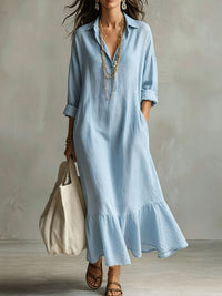 Women's Collared Long-Sleeve Ruffle-Hem Maxi Shirt Dress - KaleaBoutique.com