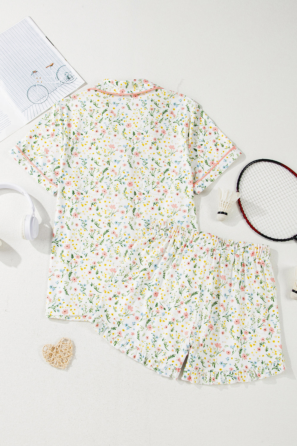 KaleaBoutique Comfortable Floral Print Contrast Pipping Short Pajamas Set - KaleaBoutique.com