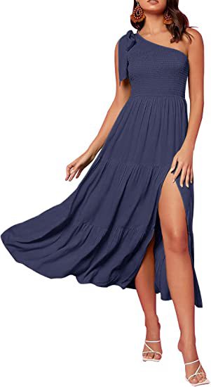New Summer Fashion Women's One-shoulder Pleated Layered Hem Split Dress - KaleaBoutique.com