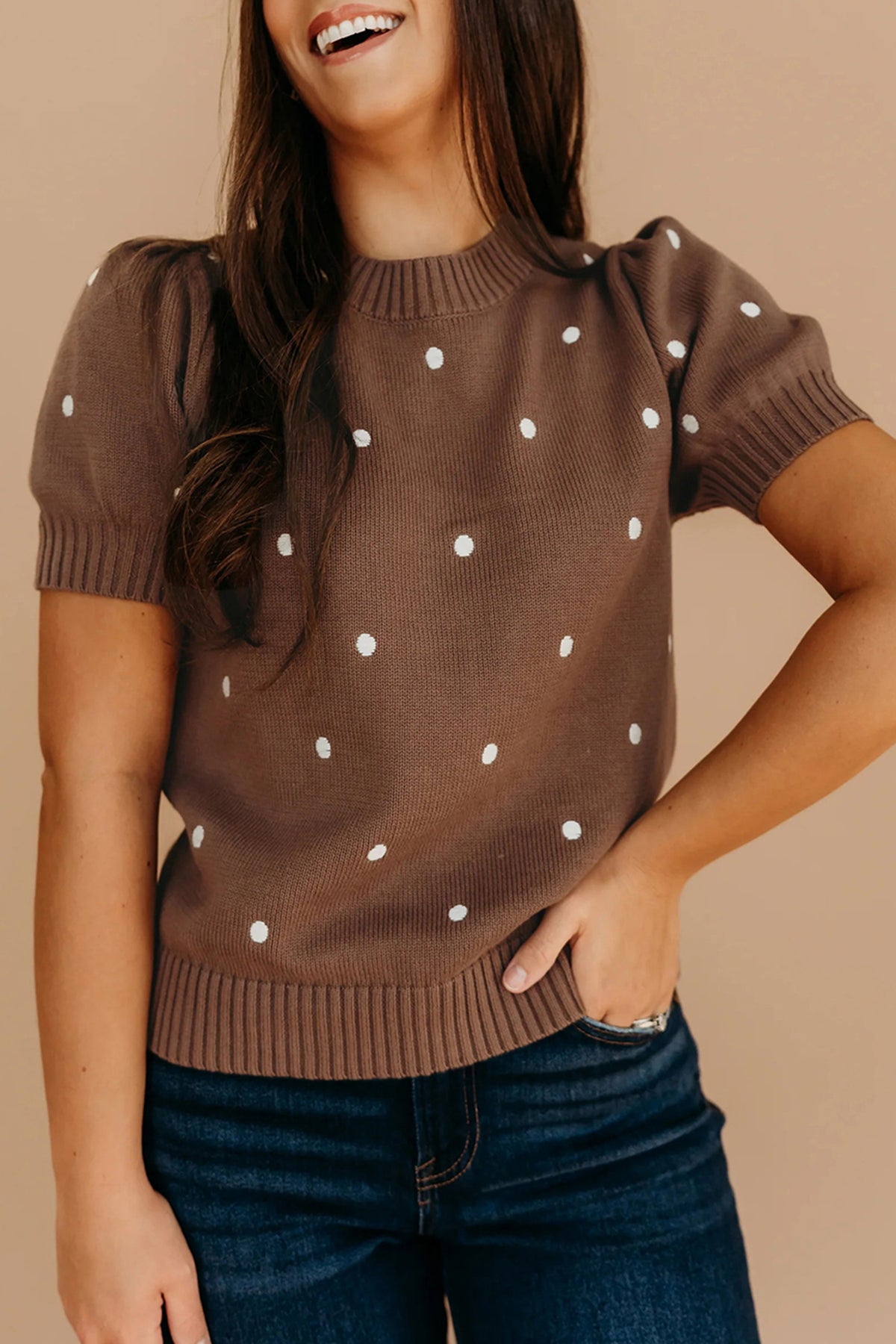 KaleaBoutique Comfortable Elegant Polka Dot Bubble Short Sleeve Sweater - KaleaBoutique.com