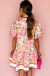 KaleaBoutique Stylish Color Block Floral Print Contrast Trim V Neck Ruffle Hem Mini Dress - KaleaBoutique.com