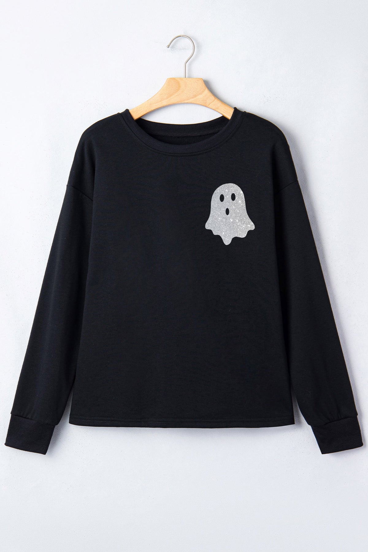 Black Glitter Ghost Halloween Long Sleeve Graphic Tee - KaleaBoutique.com