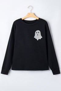 Black Glitter Ghost Halloween Long Sleeve Graphic Tee - KaleaBoutique.com