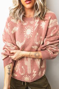 Western Print Drop Shoulder Round Neck Long Sleeve Sweater - KaleaBoutique.com