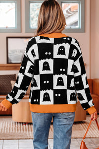 KaleaBoutique Stylish Geometric Ghost Print Drop Shoulder Knit Cardigan - KaleaBoutique.com