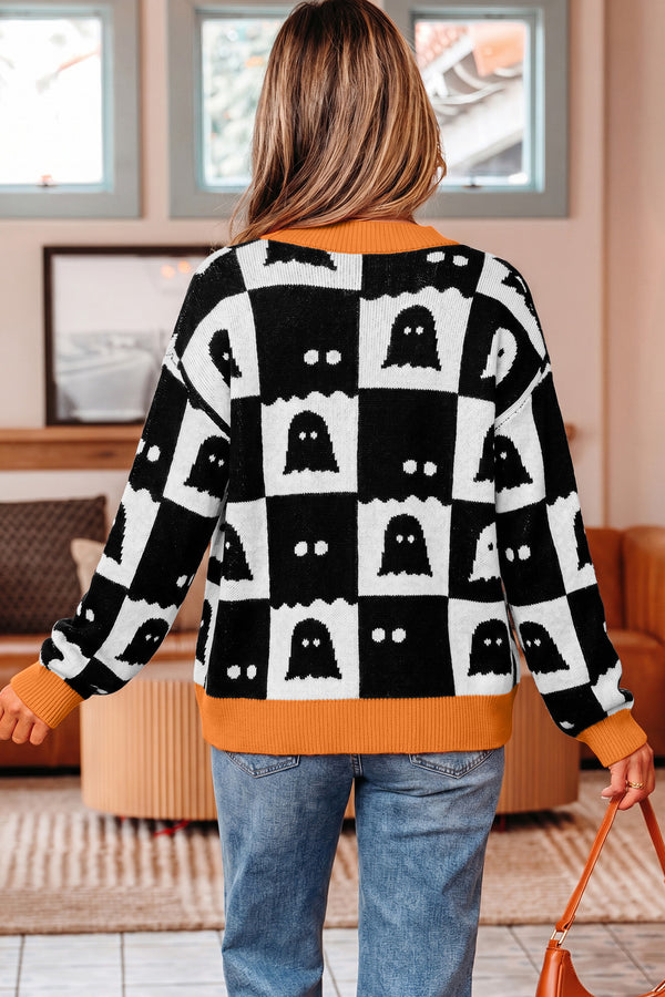 KaleaBoutique Stylish Geometric Ghost Print Drop Shoulder Knit Cardigan - KaleaBoutique.com