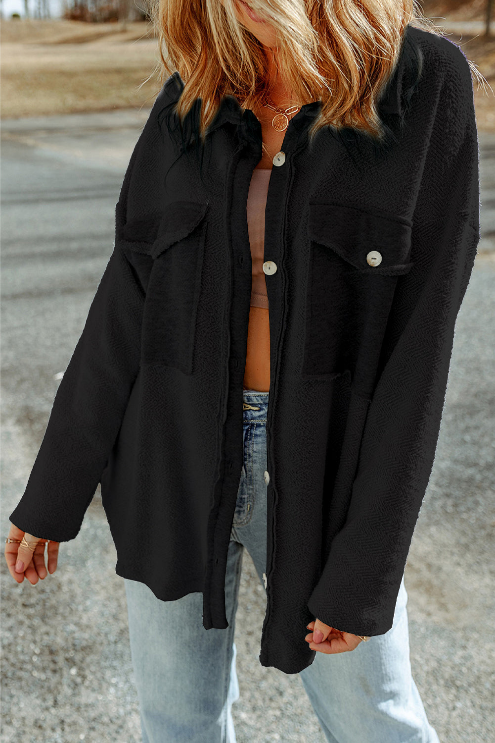 Contrast Flap Pockets Relaxed Shacket - KaleaBoutique.com