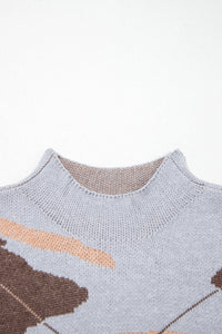 KaleaBoutique Stylish Camouflage Pattern Drop Shoulder High Neck Short Sleeve Shift Sweater - KaleaBoutique.com