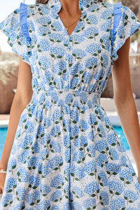 KaleaBoutique Comfortable Hydrangea Floral Print Ruffle Trim Flutter Sleeve Long Dress - KaleaBoutique.com