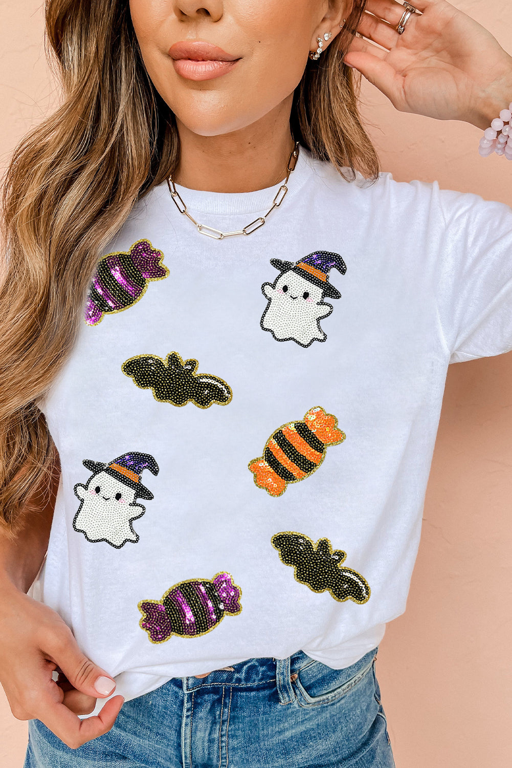 White Sequin Witch Ghost, Candy & Bat Halloween Graphic Tee - KaleaBoutique.com
