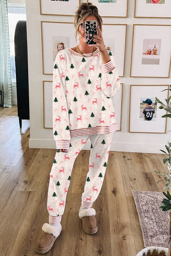 KaleaBoutique Comfortable Bow Christmas Tree Print Contrast Striped Banding 2pcs Lounge Set - KaleaBoutique.com
