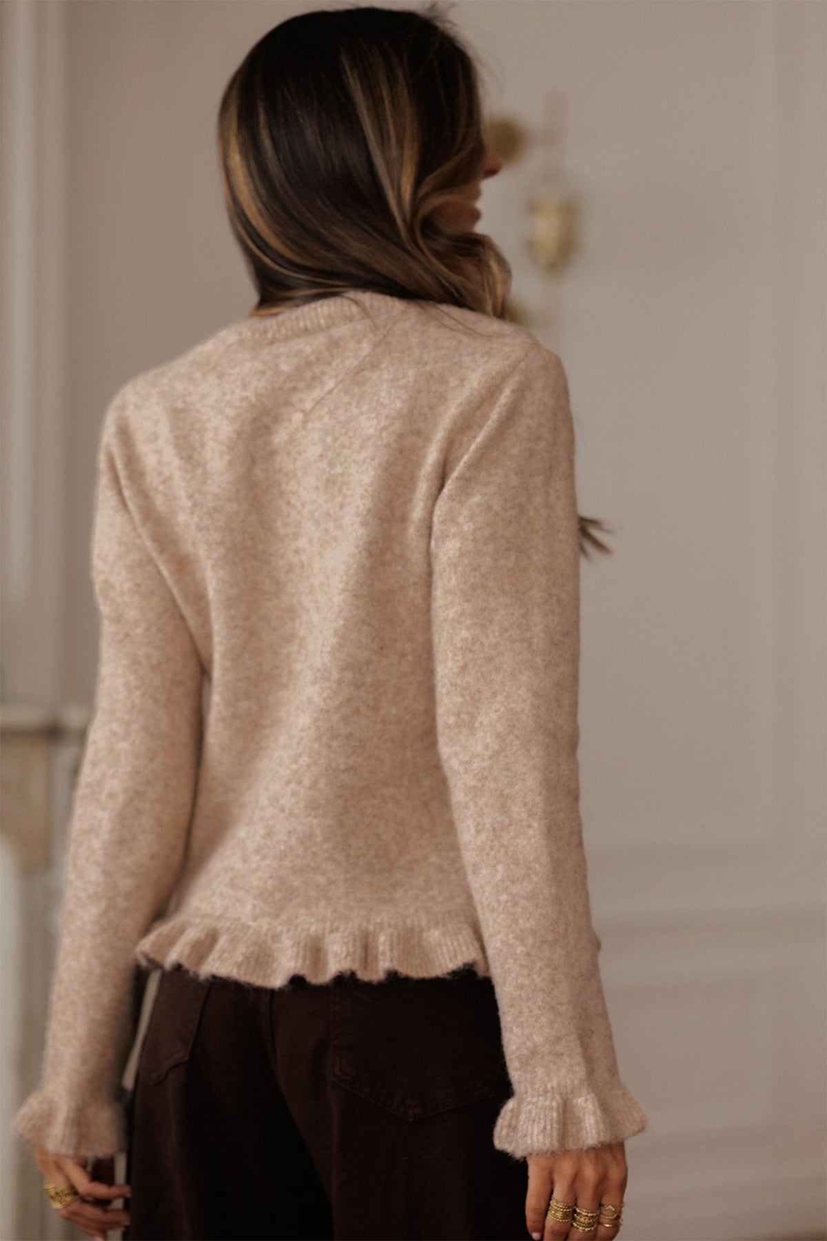 KaleaBoutique Comfortable Ruffle Trim Gold Button Sweater Cardigan - KaleaBoutique.com