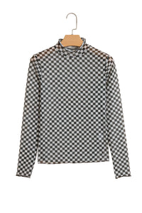 KaleaBoutique Stylish Plaid Stand Neck Long Sleeve Mesh Top - KaleaBoutique.com
