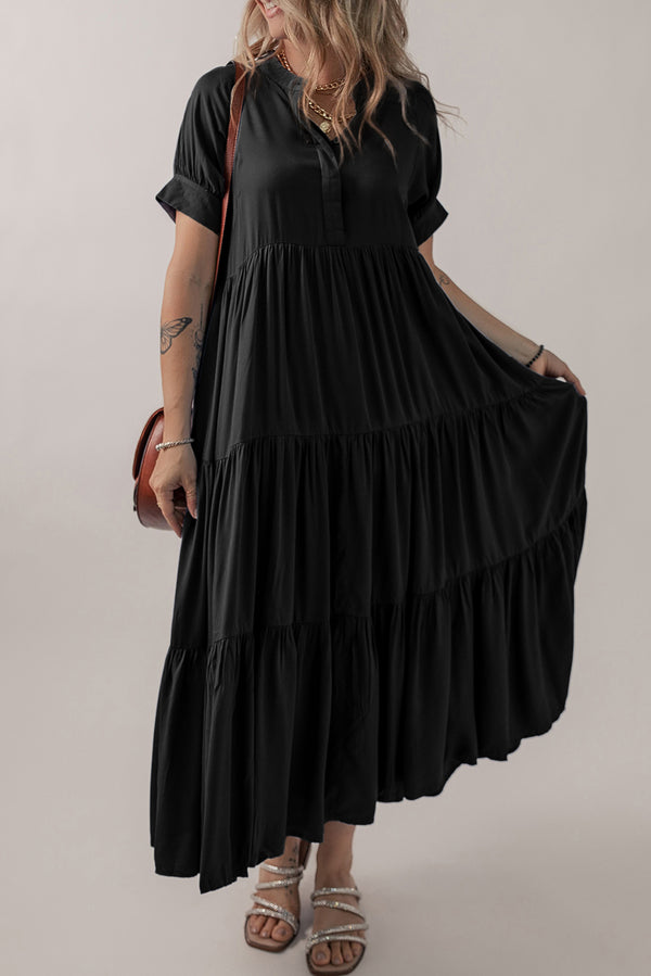 KaleaBoutique Comfortable Hidden Buttons Short Sleeve Ruffle Tiered Long Flared Dress - KaleaBoutique.com