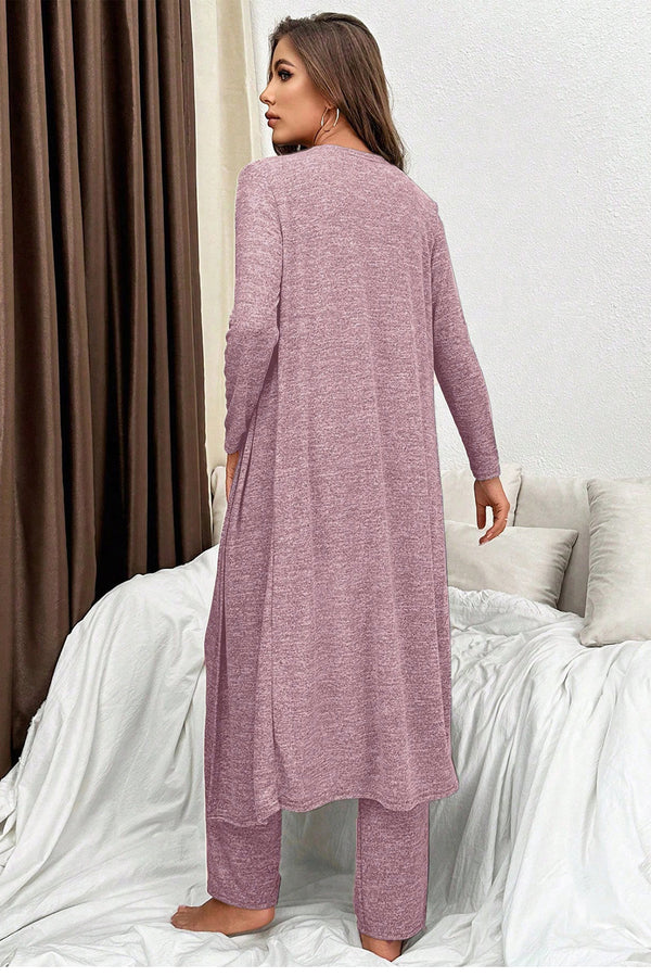 KaleaBoutique Stylish 3pcs V Neck T Shirt Ribbon Knot Pants Open Duster 3pcs Lounge Set - KaleaBoutique.com