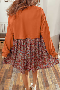 Orange Floral Patchwork 2-in-1 Balloon Sleeve Flared Mini Dress - KaleaBoutique.com