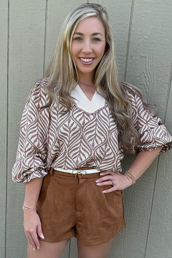 KaleaBoutique Beautiful Leaf Print Standing Collar Puff Sleeve Top - KaleaBoutique.com