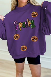 Purple Sequin Pumpkin SPOOKY Mock Neck Halloween Sweatshirt - KaleaBoutique.com