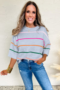 KaleaBoutique Comfortable Colorblock Striped Half Sleeve Drop Shoulder Sweater - KaleaBoutique.com