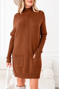 KaleaBoutique Stylish Ribbed High Neck Front Pockets Center Seam Shift Sweater Dress - KaleaBoutique.com