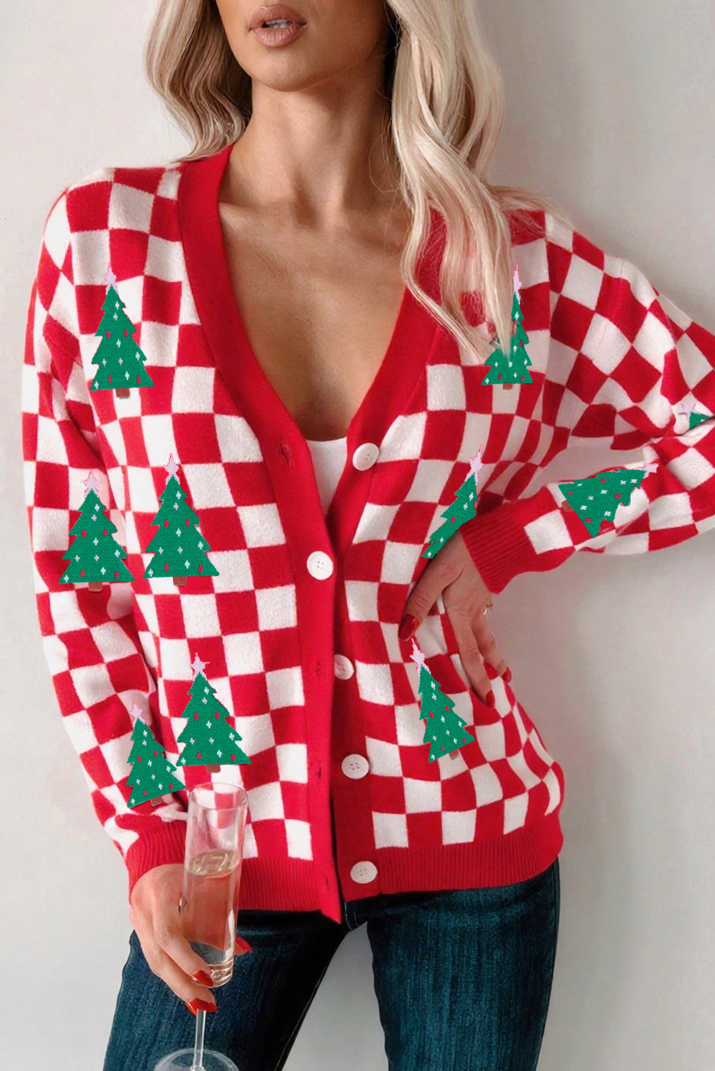KaleaBoutique Comfortable Checkered Christmas Tree Pattern Button V Neck Cardigan Sweater - KaleaBoutique.com