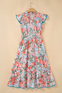 KaleaBoutique Comfortable Floral Print V Neck Contrast Trim Flutter Sleeve Long Dress - KaleaBoutique.com