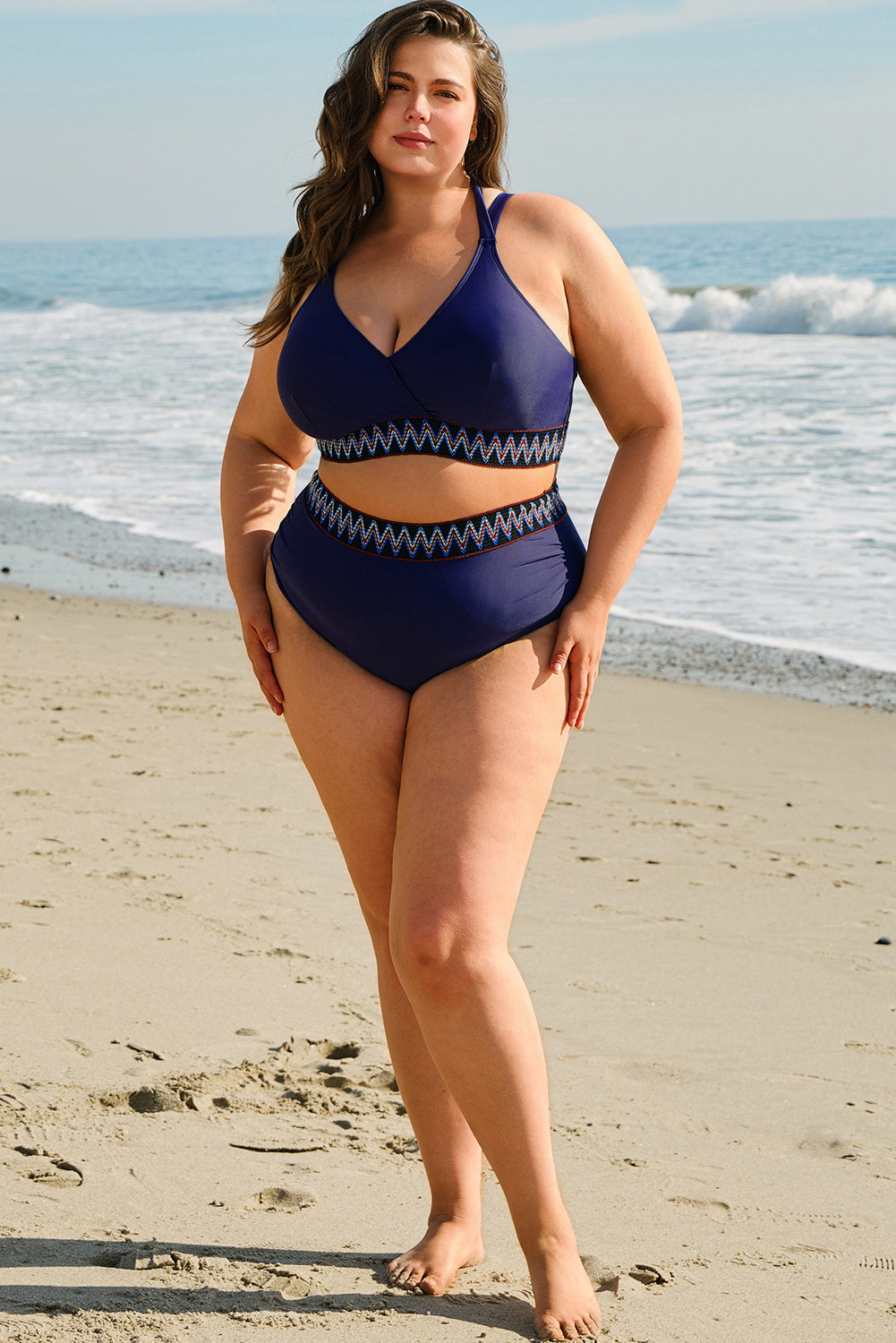 Embroidered Trim Wrap Tie Knot Plus Size High Waisted Bikini - KaleaBoutique.com