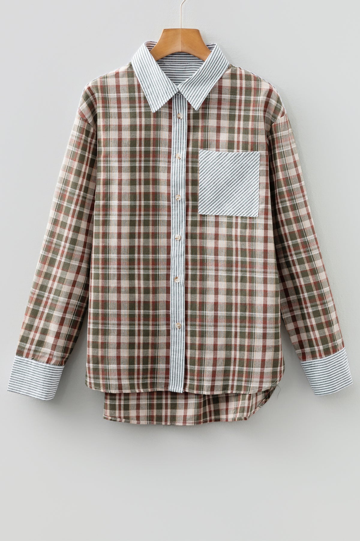KaleaBoutique Stylish Plaid Print Striped Patchwork Single Chest Pocket Buttoned Shirt - KaleaBoutique.com