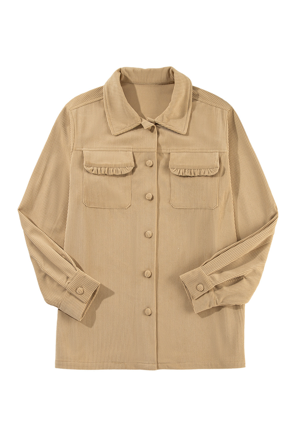 KaleaBoutique Solid Frilled Flap Pocket Button Up Corduroy Shacket - KaleaBoutique.com