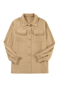 KaleaBoutique Solid Frilled Flap Pocket Button Up Corduroy Shacket - KaleaBoutique.com