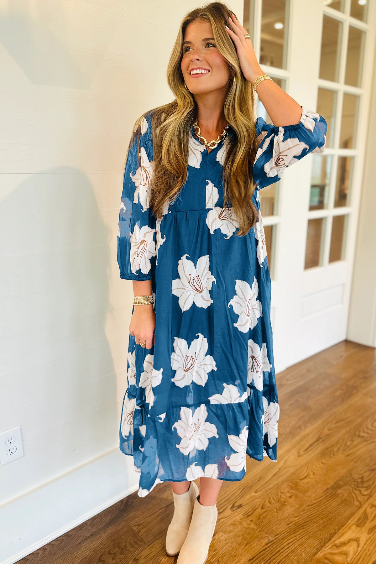 KaleaBoutique Comfortable Floral Print Shirt Collar V Neck 3/4 Sleeve Shift Midi Dress - KaleaBoutique.com
