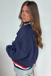 KaleaBoutique Comfortable USA Slogan Patch Embroidery Colorblock High Neck Long Sleeve Sweatshirt - KaleaBoutique.com