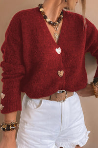KaleaBoutique Comfortable Heart Metal Button V Neck Cardigan Sweater - KaleaBoutique.com
