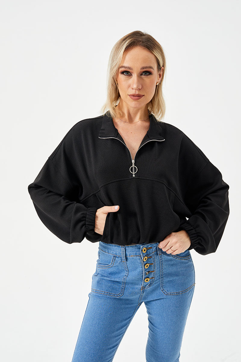 Women's Cropped Half-Zip Loose Fit Pullover Sweatshirt - KaleaBoutique.com
