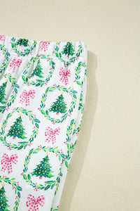 KaleaBoutique Comfortable Bow Christmas Tree Print Contrast Striped Banding 2pcs Lounge Set - KaleaBoutique.com