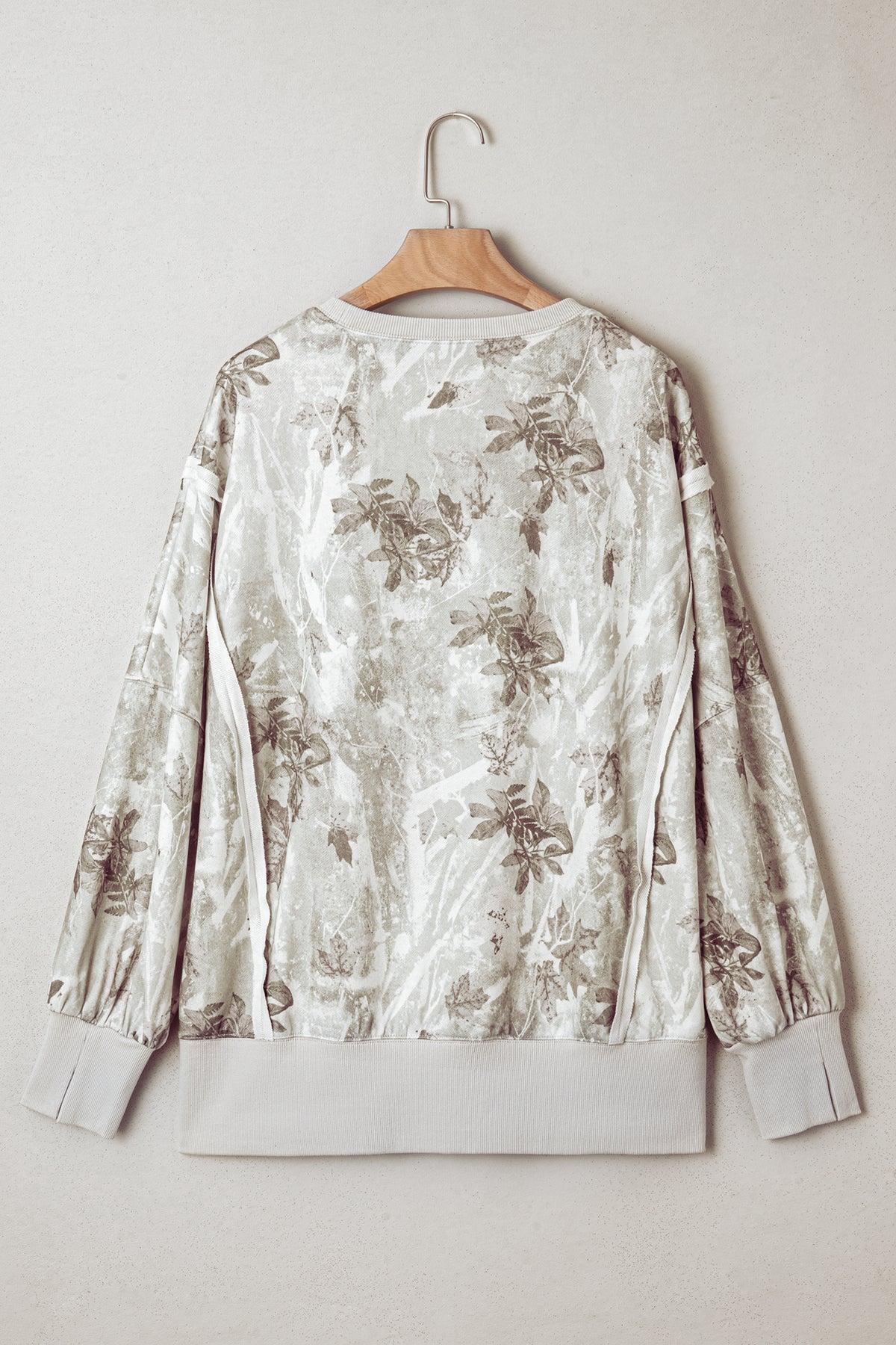 KaleaBoutique Stylish Leafy Camo Print Exposed Seam Patchwork Baggy Slit Sweatshirt - KaleaBoutique.com