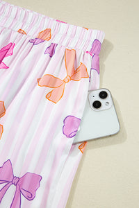 KaleaBoutique Stylish Striped Bow Print Contrast Piping Trim Shirt and Pants 2pcs Pajama Set - KaleaBoutique.com