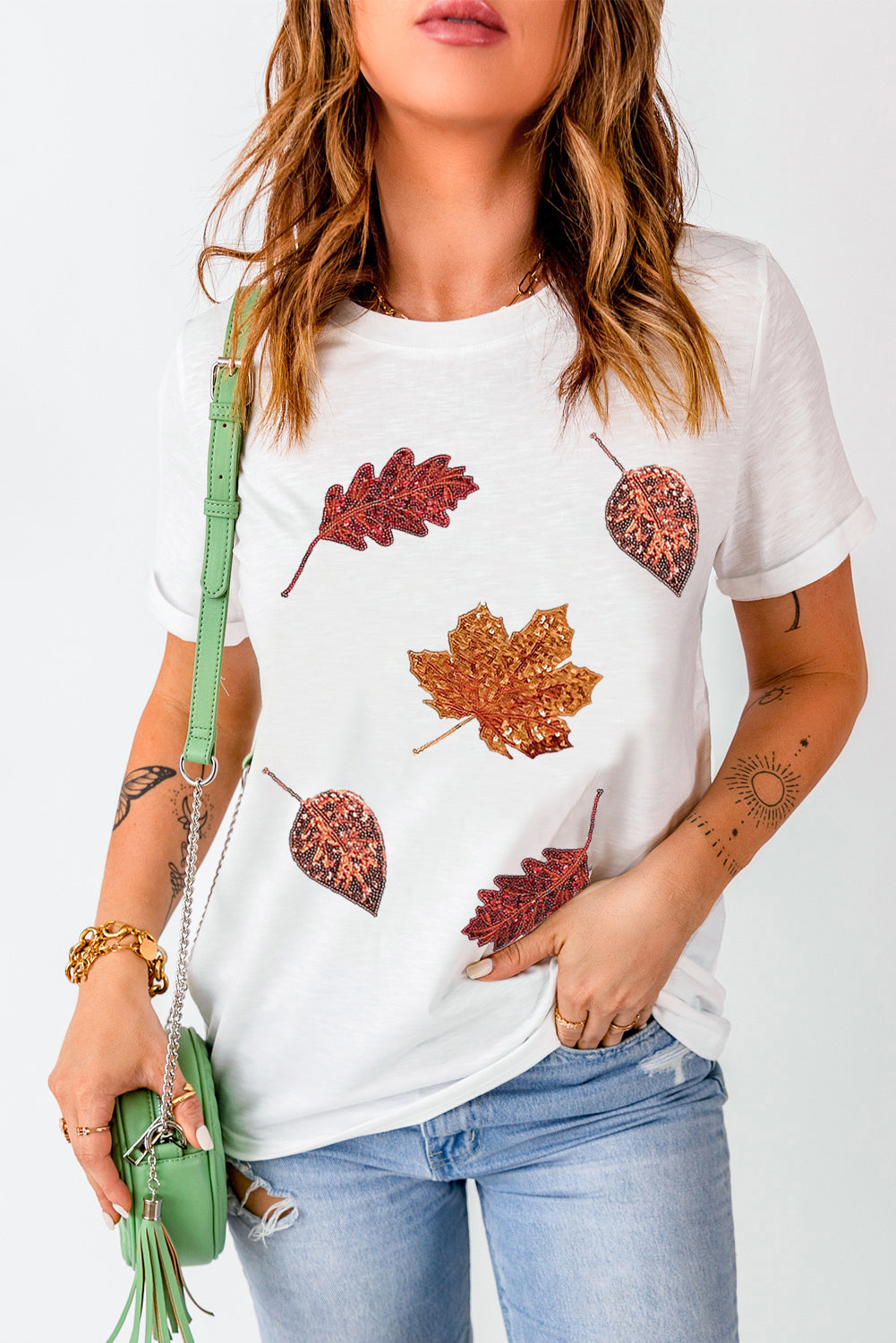 White Sequined Halloween Leaves T-Shirt