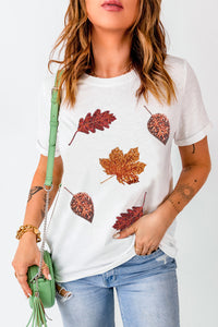 White Sequined Halloween Leaves T-Shirt