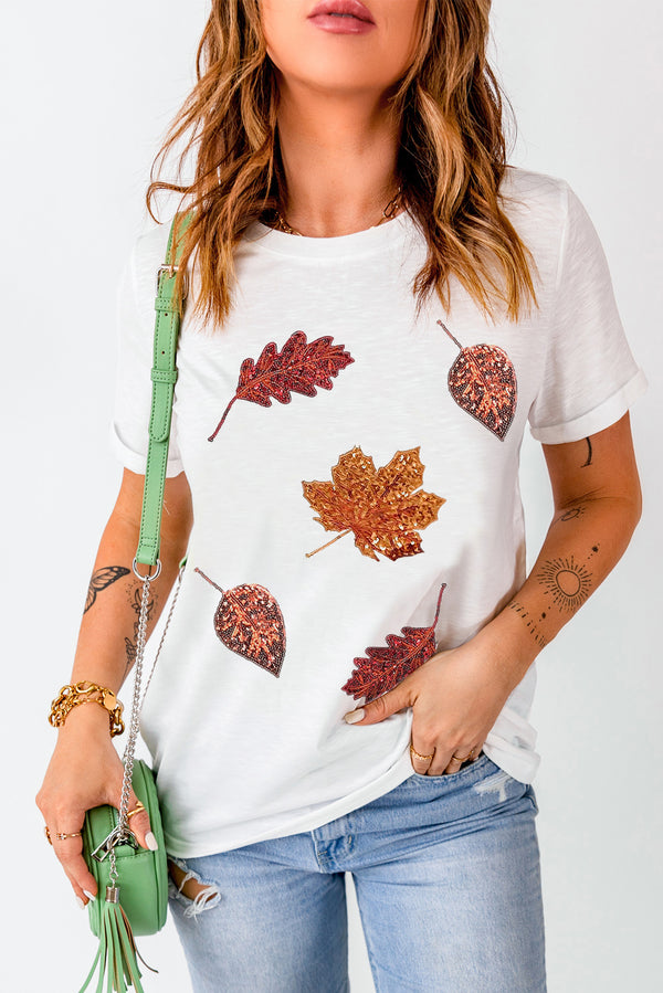White Halloween Sequined Leaves Graphic Crew Neck T Shirt - KaleaBoutique.com