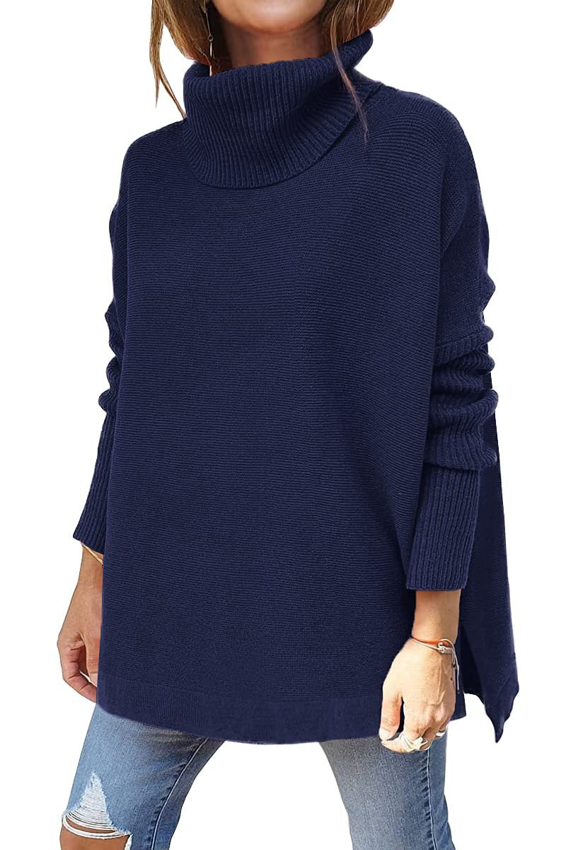 Turtleneck Sweater Mid Length Batwing Sleeve Slit Hem Tunic Pullover Sweaters Winter Tops Women Clothing - KaleaBoutique.com