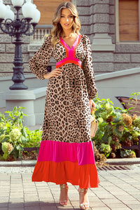 Leopard Color Block V Neck Loose Fit Maxi Dress - KaleaBoutique.com