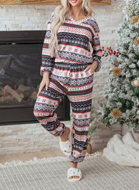 KaleaBoutique Comfortable Retro Christmas Pattern Loose Pullover 2pcs Lounge Pant Set - KaleaBoutique.com