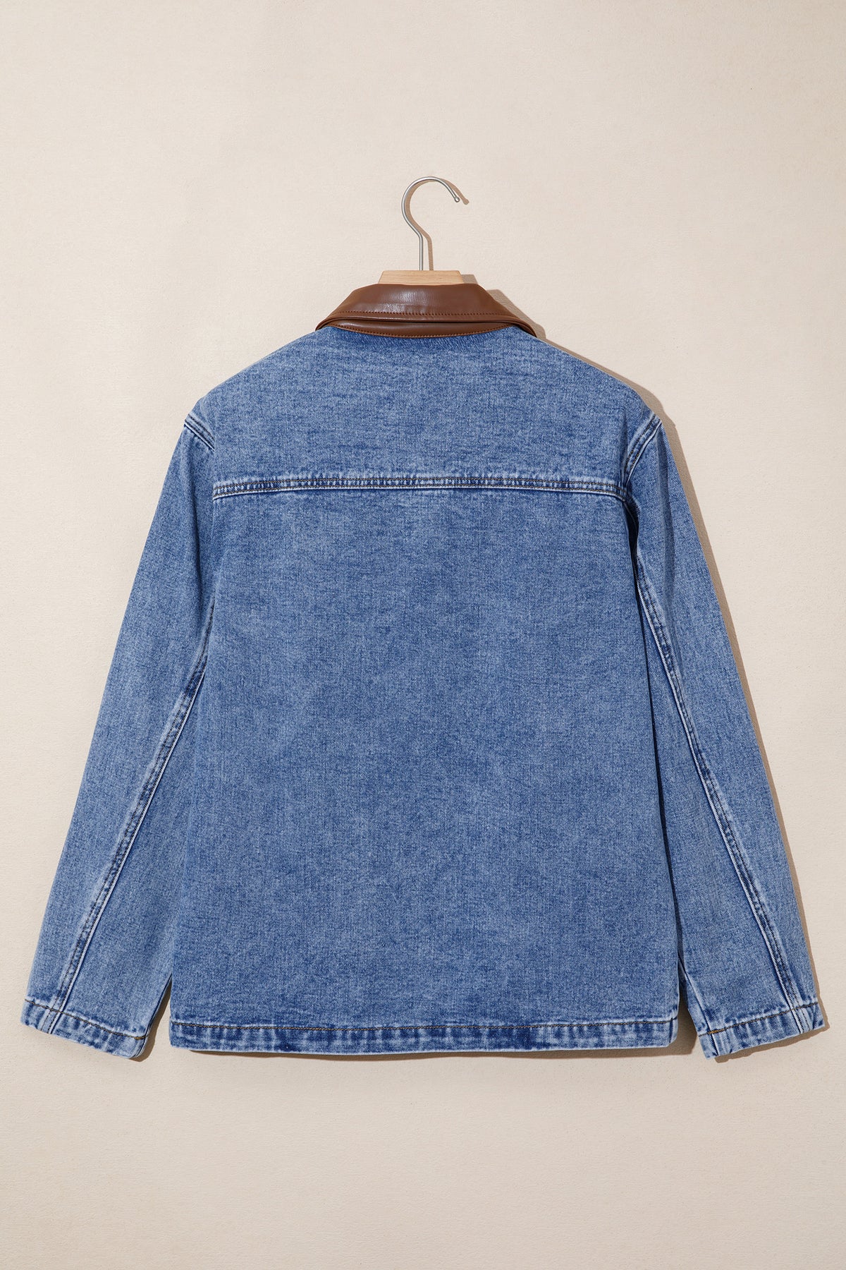Patchwork Leather Collar Long Sleeve Denim Jacket - KaleaBoutique.com
