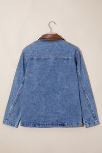 Patchwork Leather Collar Long Sleeve Denim Jacket - KaleaBoutique.com
