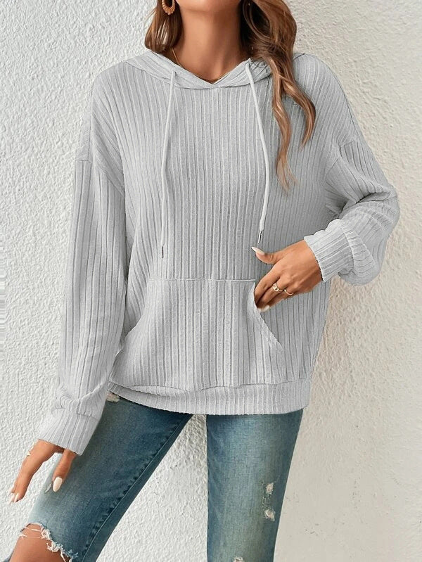 Women's Ribbed Drawstring Pullover Hoodie with Kangaroo Pocket - KaleaBoutique.com