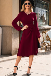 Solid Color Ruched Detail Long Sleeve Midi Dress - KaleaBoutique.com