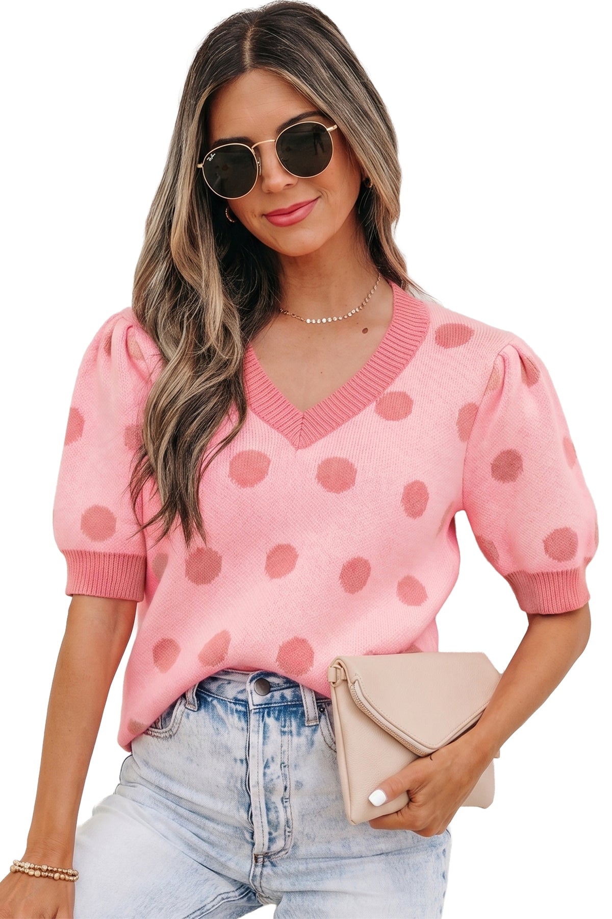 KaleaBoutique Comfortable Polka Dot Puff Short Sleeve Sweater Top - KaleaBoutique.com