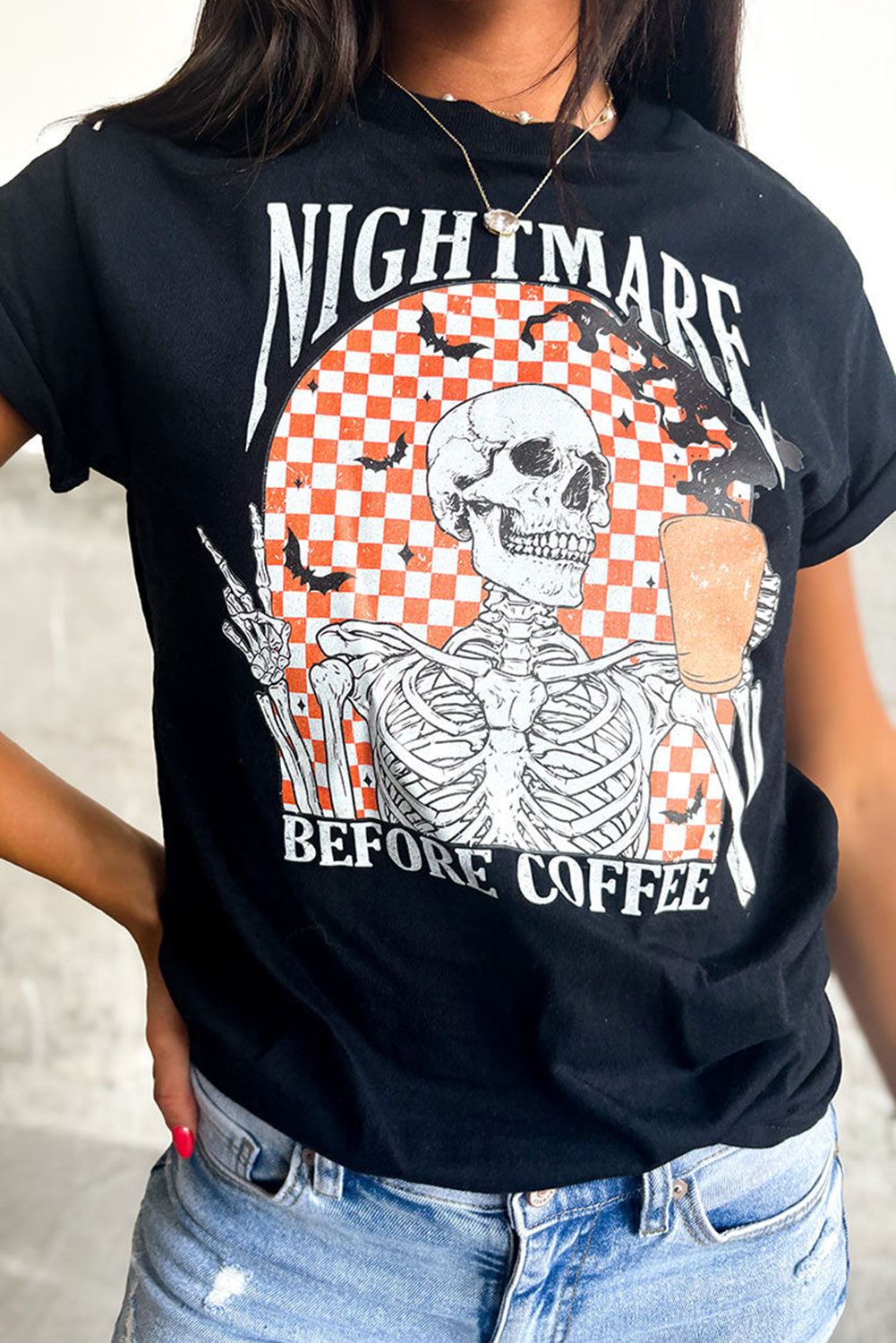 Black Nightmare Before Coffee Skull Checkerboard Halloween Tee - KaleaBoutique.com
